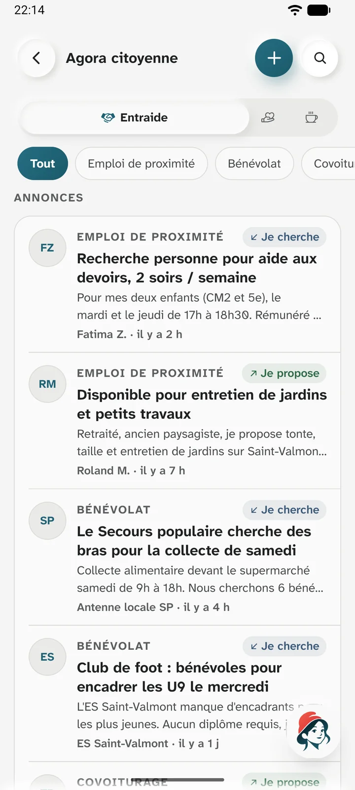 Agora citoyenne : les annonces d'entraide entre habitants, emploi de proximité et bénévolat.