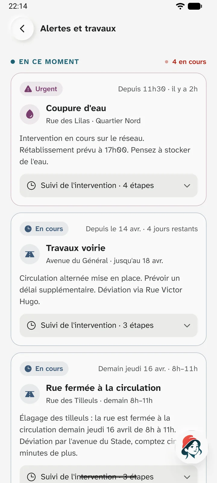 Alertes et travaux : une coupure d'eau urgente rue des Lilas, avec l'heure de rétablissement prévue, puis les travaux en cours.