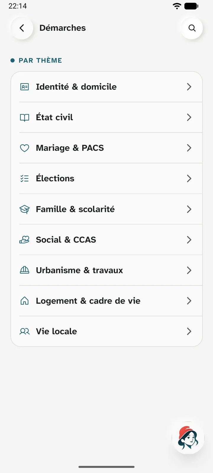 Démarches : le catalogue de la commune, rangé par thème, de l'identité à la vie locale.