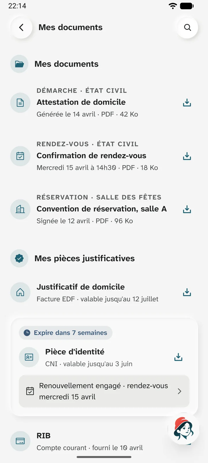 Mes documents : les attestations et confirmations reçues, et les pièces justificatives déjà fournies, avec leur date de validité.