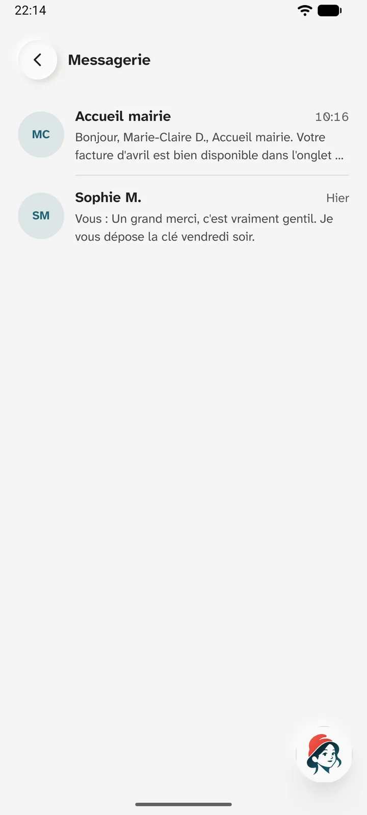 Messagerie : une conversation avec l'accueil de la mairie, et une avec une voisine.