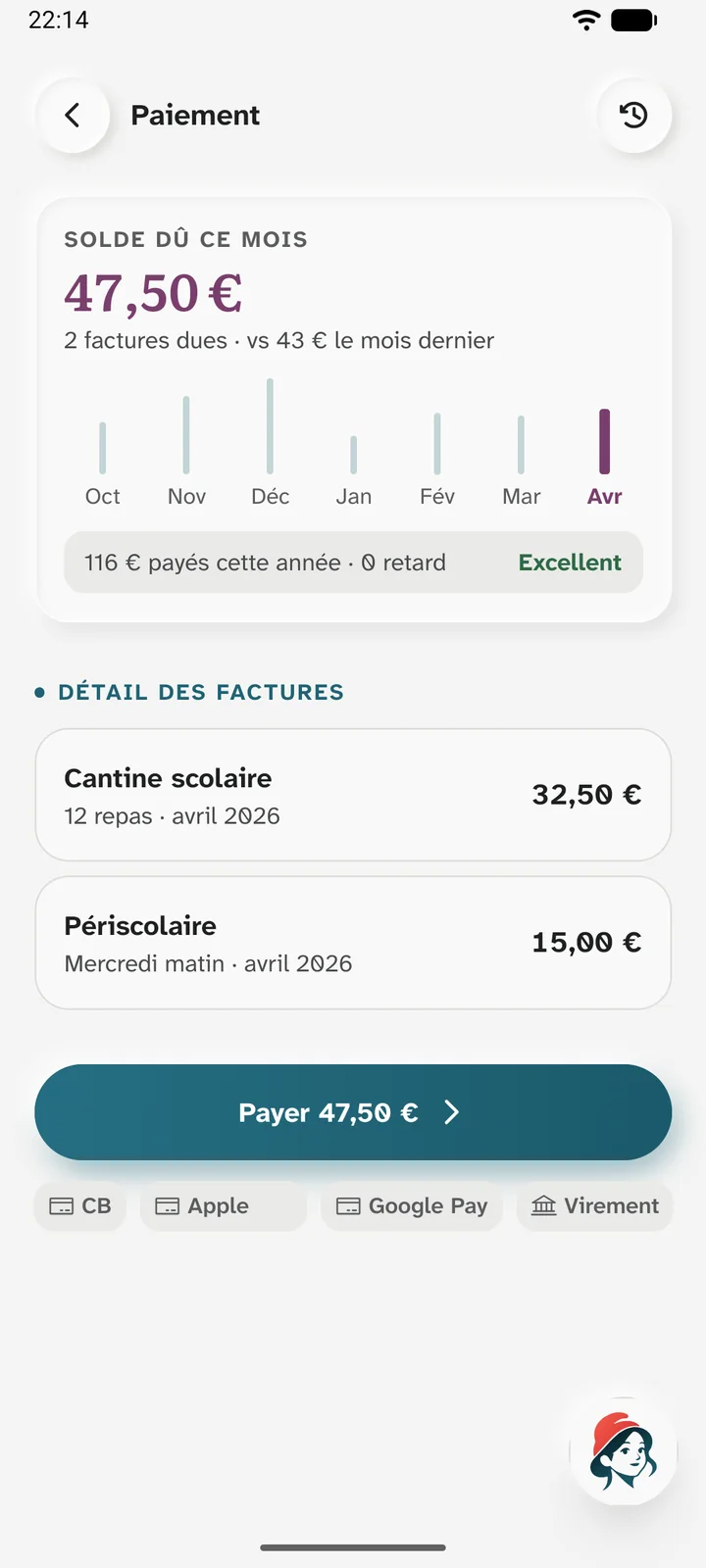 Paiement : le solde dû ce mois-ci, les factures des derniers mois, et le détail de la cantine et du périscolaire.