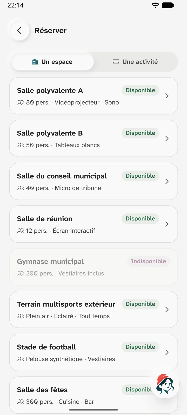 Réservation : les salles de la commune, avec leur capacité, leur équipement et leur disponibilité.