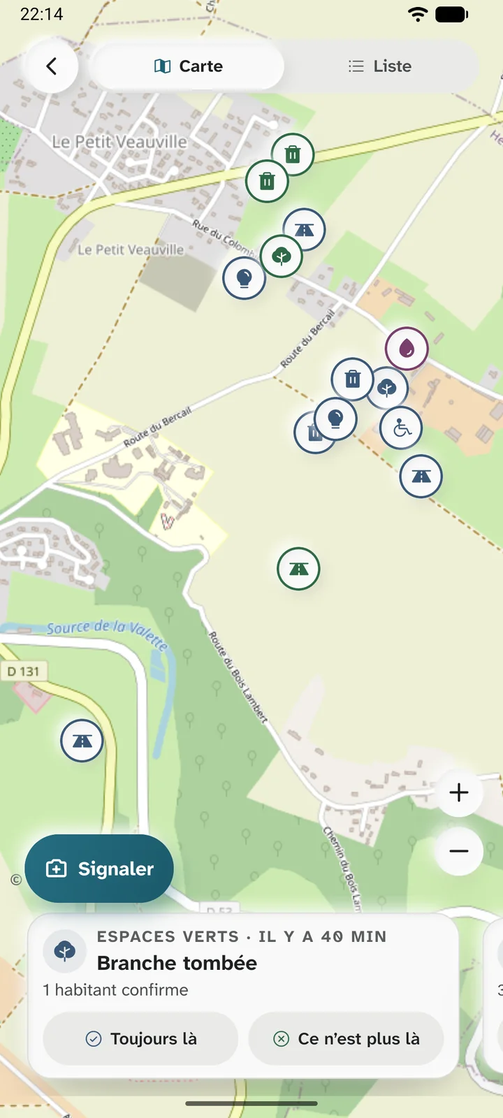 Signalement : la carte des problèmes déjà connus de la commune ; une branche tombée, qu'on peut confirmer ou déclarer réglée.